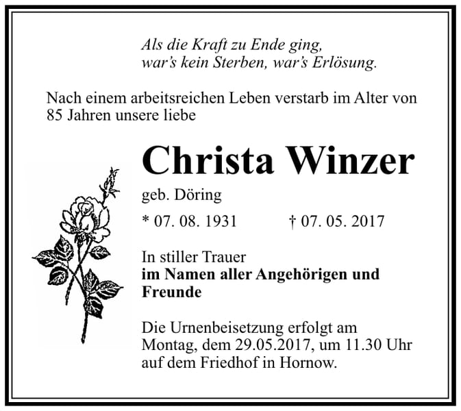Traueranzeige Christa Winzer, geb. Döring