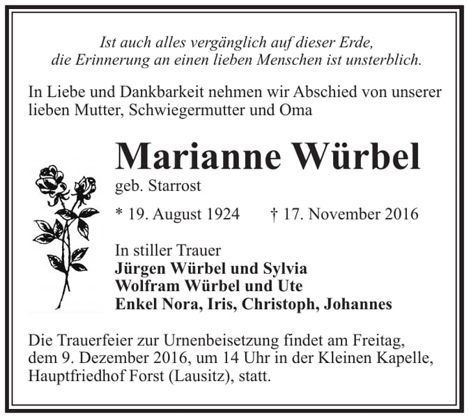 Traueranzeige Marianne Würbel, geb. Starrost