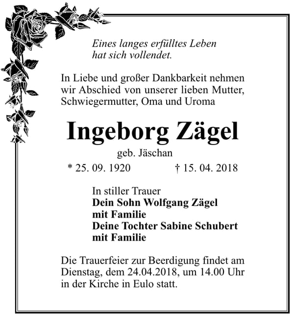 Traueranzeige Ingeborg Zägel, geb. Jäschan
