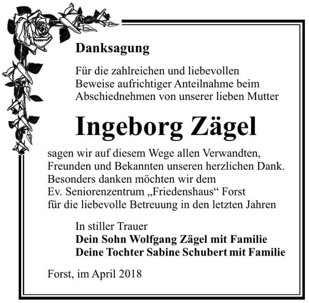 Danksagung Ingeborg Zägel
