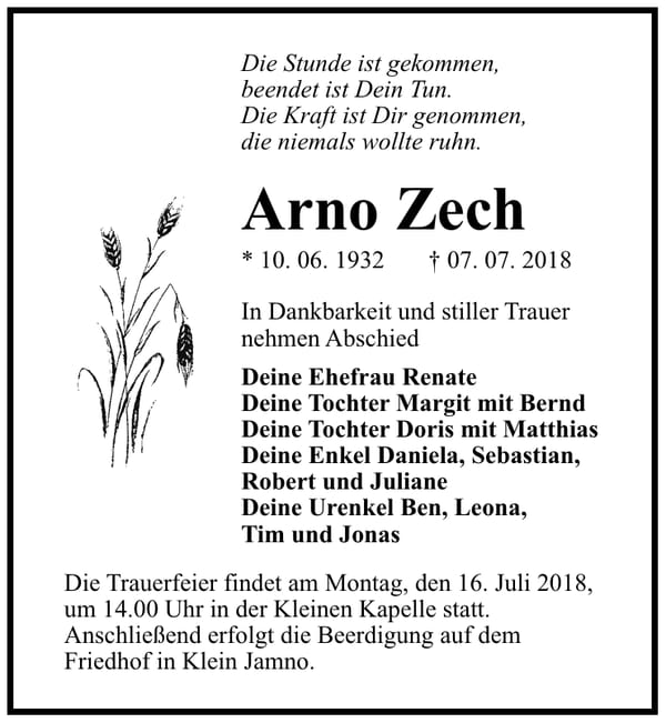 Traueranzeige Arno Zech