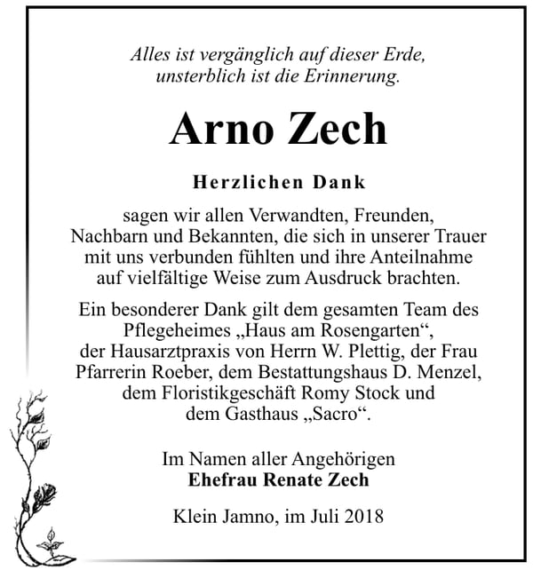 Danksagung Arno Zech