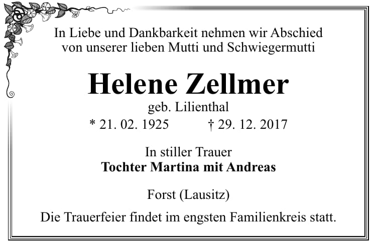Traueranzeige Helene Zellmer, geb. Lilienthal