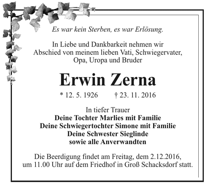 Traueranzeige Erwin Zerna
