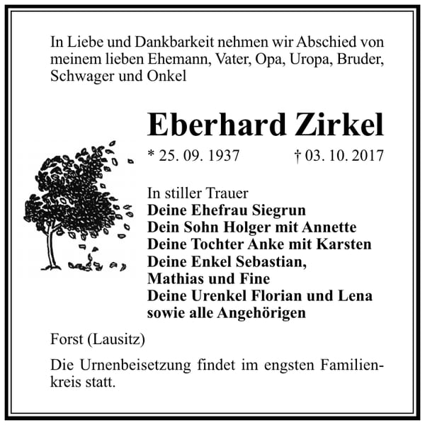 Traueranzeige Eberhard Zirkel