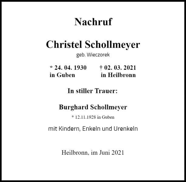 Traueranzeige Christel Schollmeyer, geb. Wieczorek