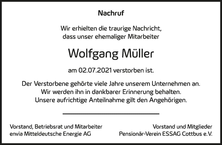Nachruf Wolfgang Müller