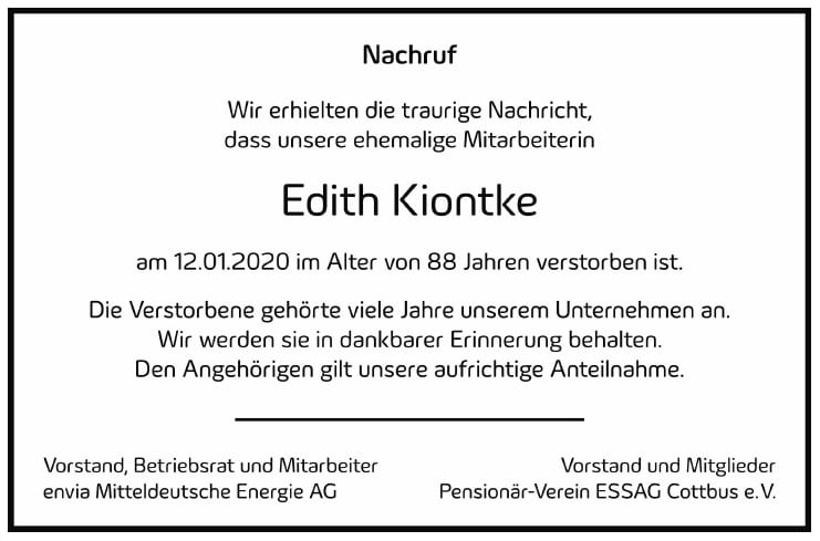 Traueranzeige Edith Kiontke