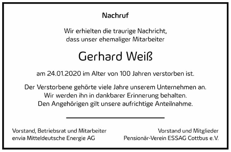 Traueranzeige Gerhard Weiß