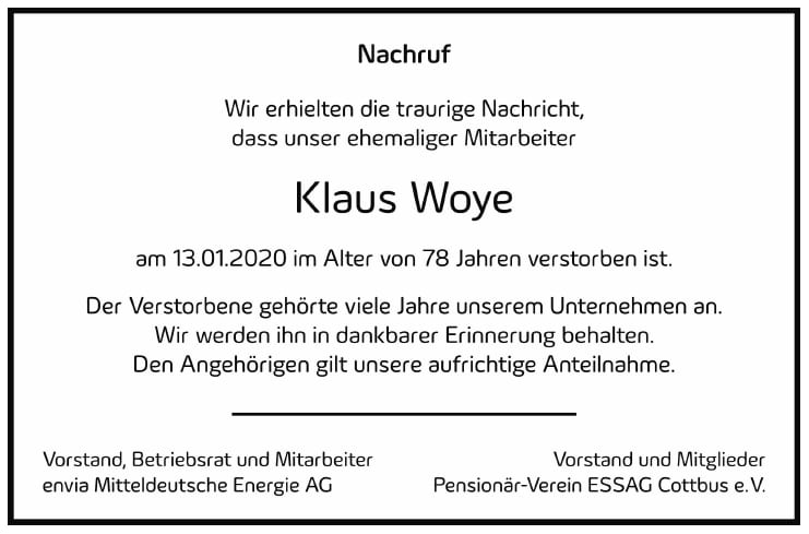 Traueranzeige Klaus Woye