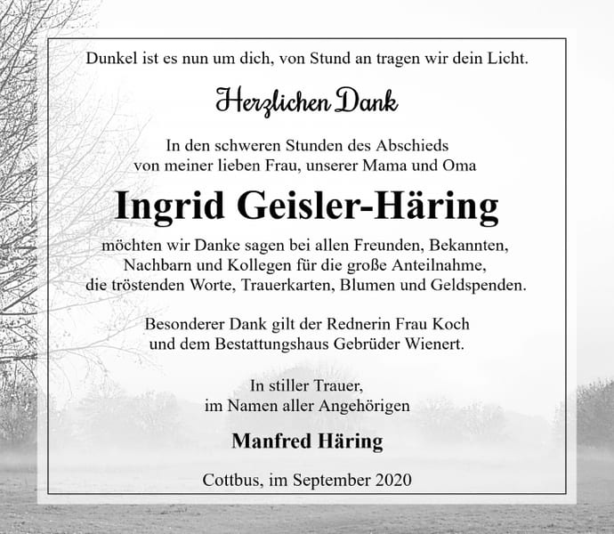 Danksagung Ingrid Geisler-Häring