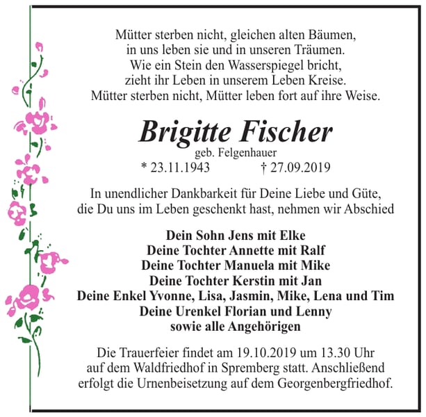 Traueranzeige Brigitte Fischer, geb. Felgenhauer