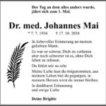 Jahresgedenken Dr. med. Johannes Mai