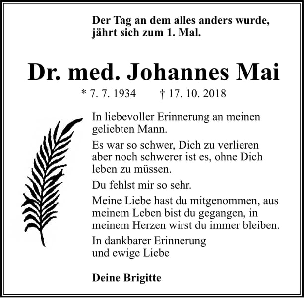 Jahresgedenken Dr. med. Johannes Mai