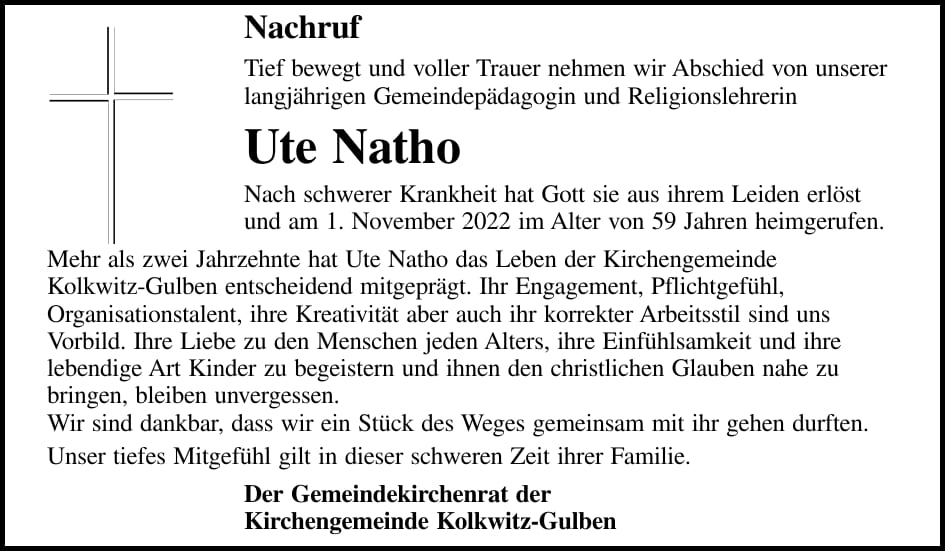 Nachruf Ute Natho