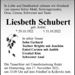 Traueranzeige Liesbeth Schubert, geb. Kobel