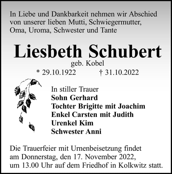 Traueranzeige Liesbeth Schubert, geb. Kobel