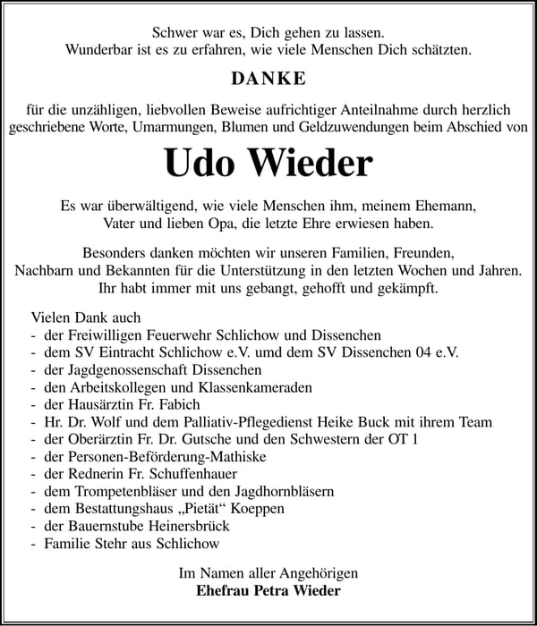 Danksagung Udo Wieder