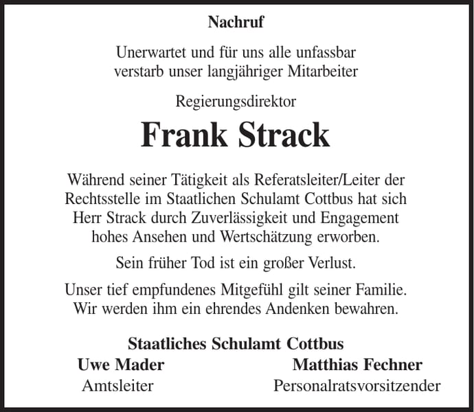 Traueranzeige Regierungsdirektor Frank Strack