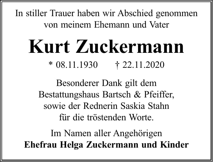 Traueranzeige Kurt Zuckermann