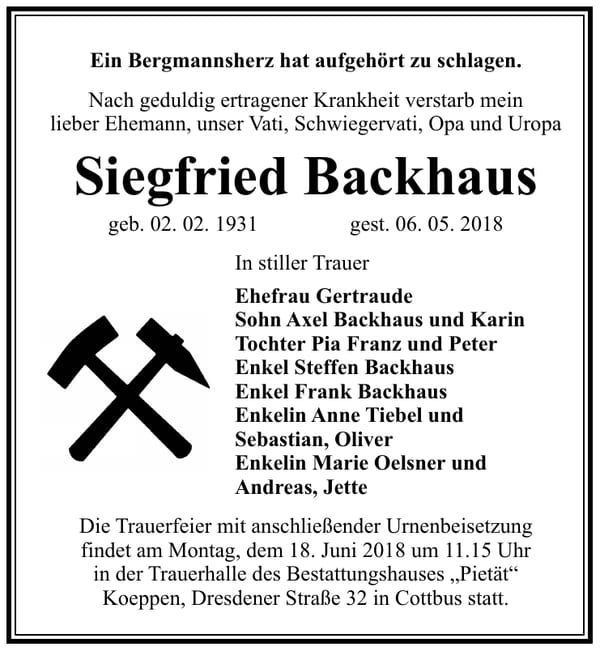 Traueranzeige Siegfried Backhaus