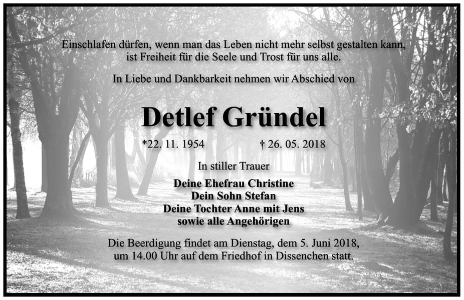 Traueranzeige Detlef Gründel