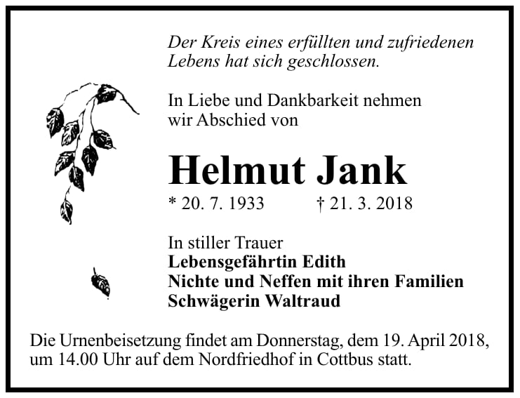Traueranzeige Helmut Jank