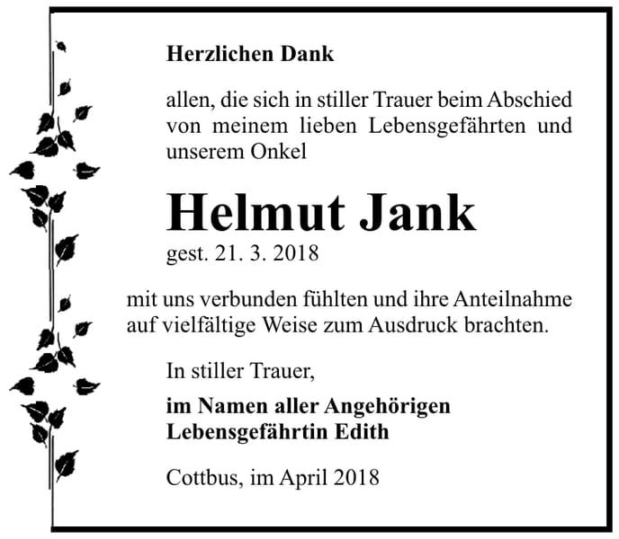 Danksagung Helmut Jank