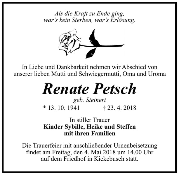 Traueranzeige Renate Petsch, geb. Steinert