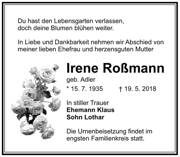 Traueranzeige Irene Roßmann, geb. Adler