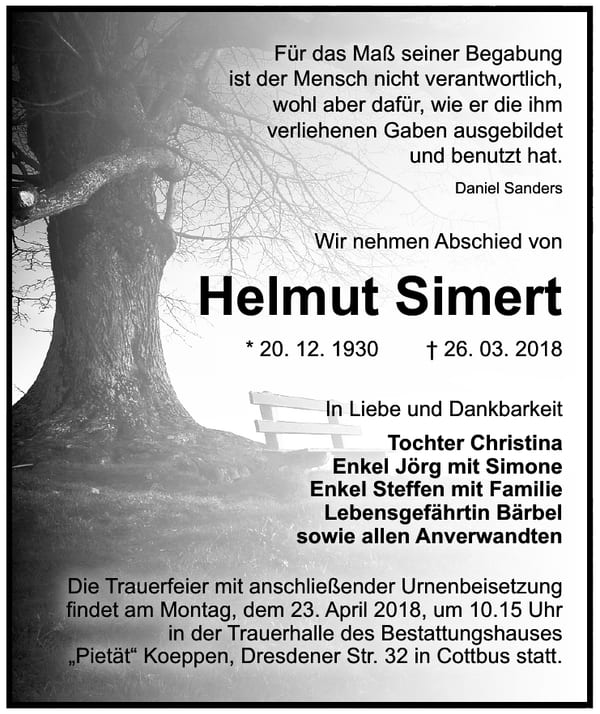 Traueranzeige Helmut Simert