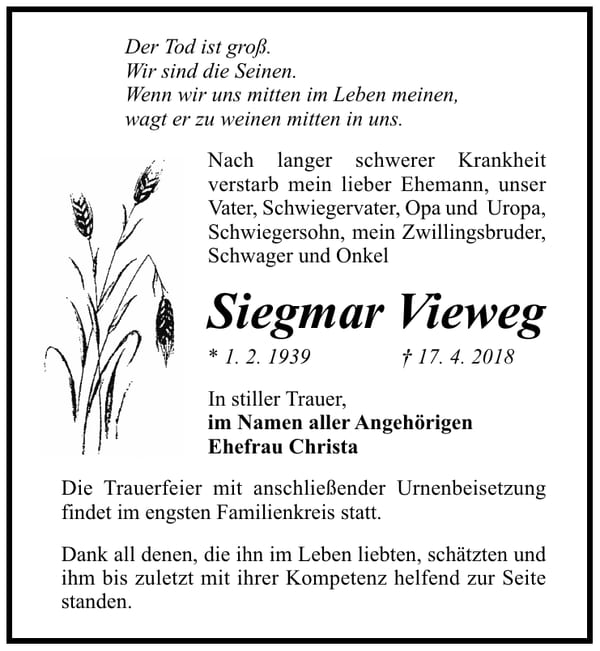 Traueranzeige Siegmar Vieweg