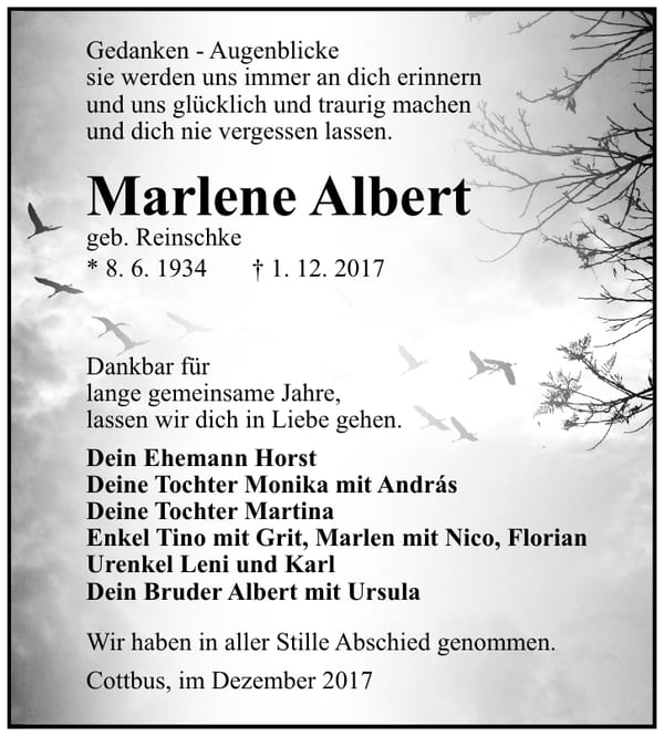 Traueranzeige Marlene Albert, geb. Reinschke