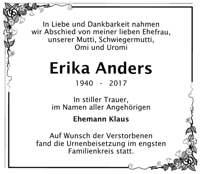 Traueranzeige Erika Anders