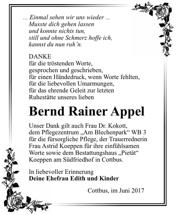 Danksagung Bernd Rainer Appel