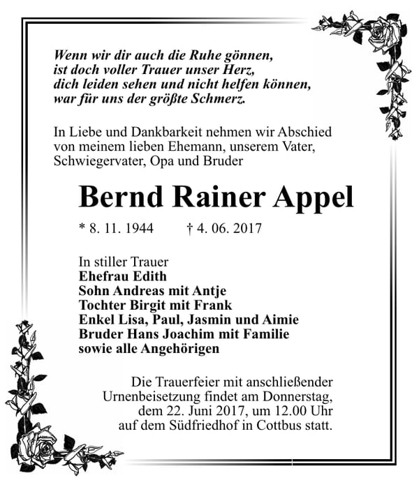 Traueranzeige Bernd Rainer Appel