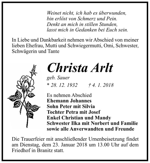 Traueranzeige Christa Arlt, geb. Sauer