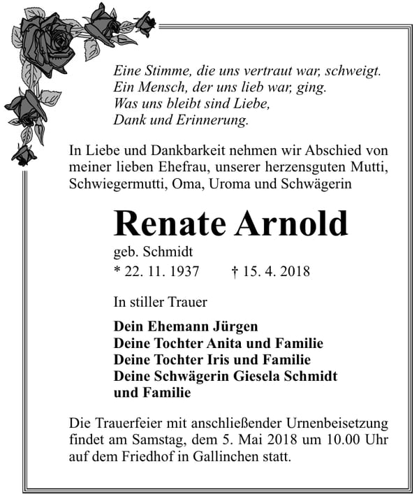 Traueranzeige Renate Arnold, geb. Schmidt