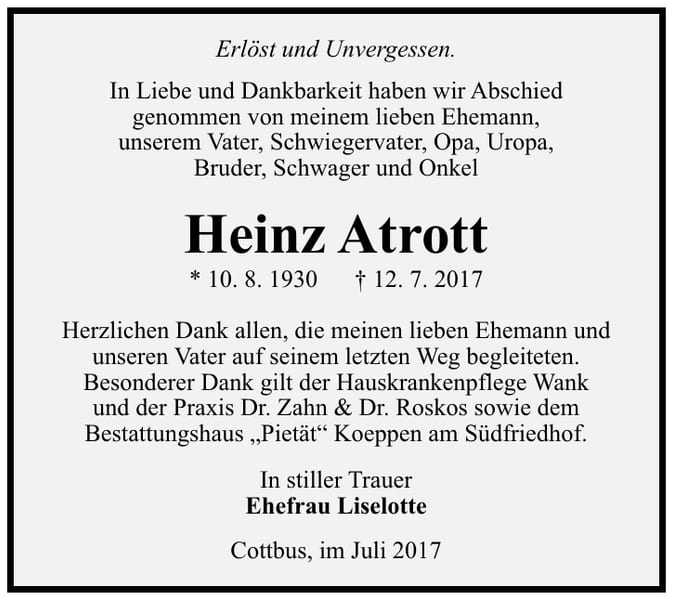 Danksagung Heinz Atrott