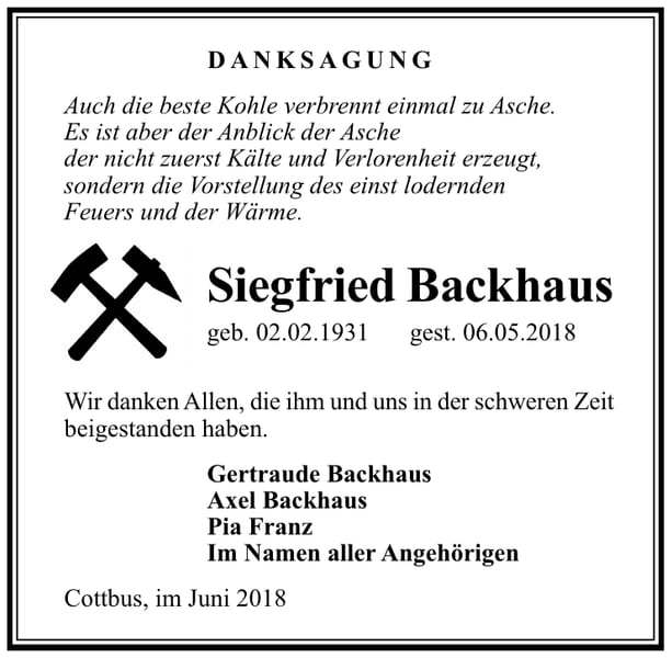 Danksagung Siegfried Backhaus
