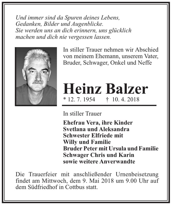 Traueranzeige Heinz Balzer