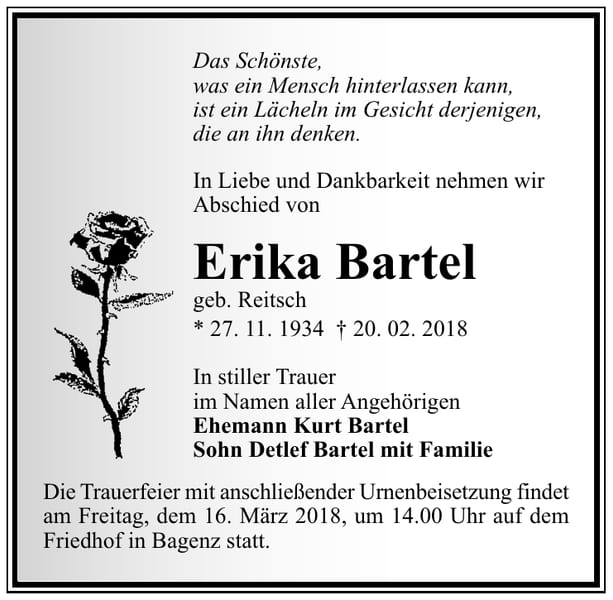 Traueranzeige Erika Bartel, geb. Reitsch