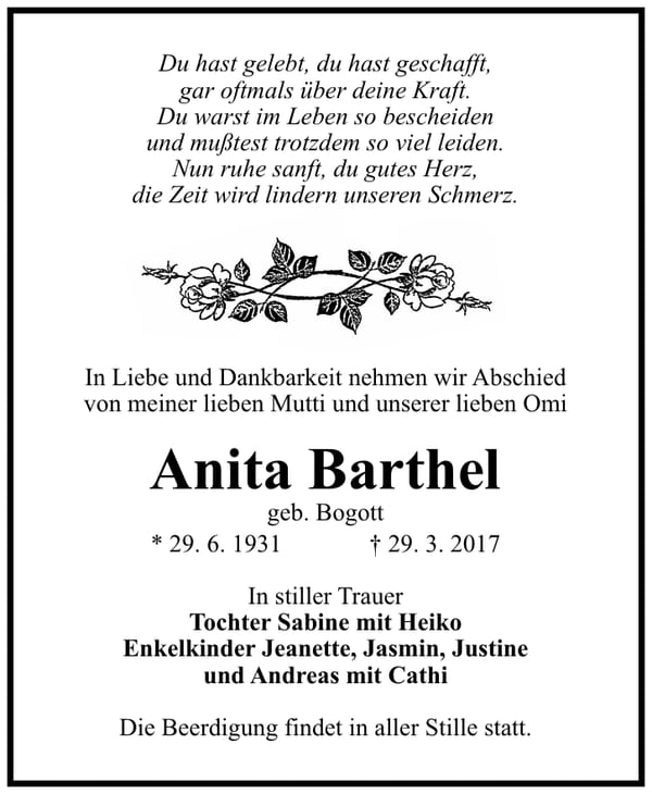 Traueranzeige Anita Barthel, geb. Bogott