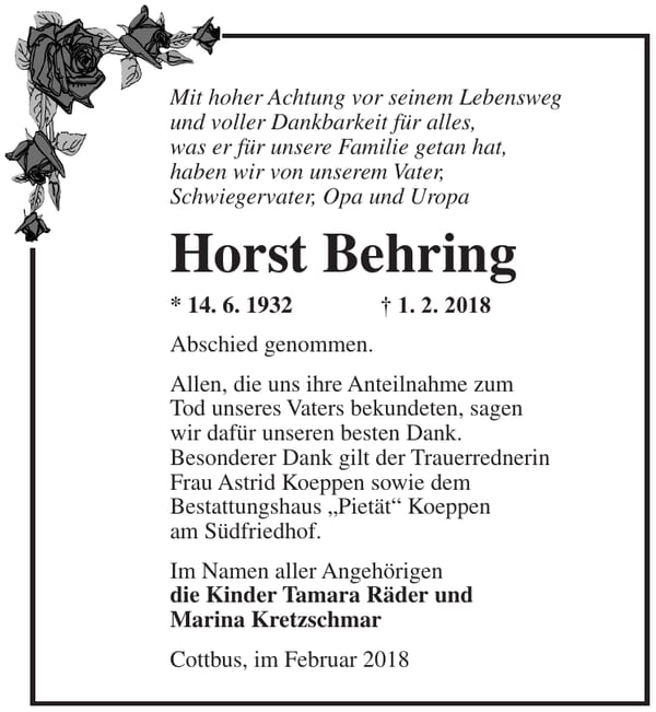 Danksagung Horst Behring