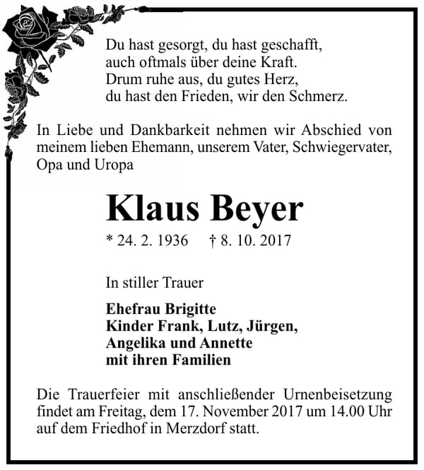 Traueranzeige Klaus Beyer