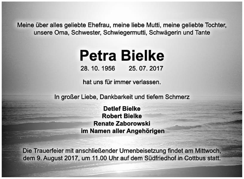 Traueranzeige Petra Bielke