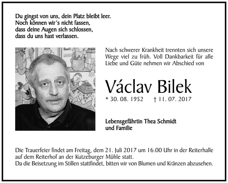 Traueranzeige Václav Bilek