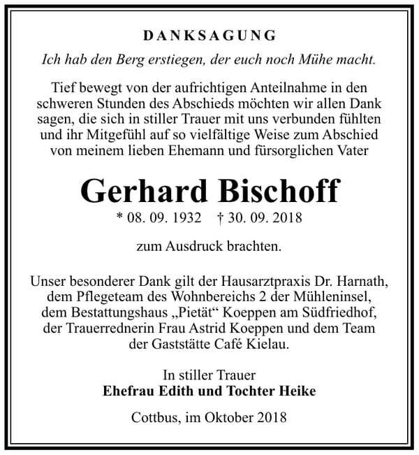 Danksagung Gerhard Bischoff