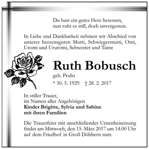 Traueranzeige Ruth Bobusch, geb. Pruhs