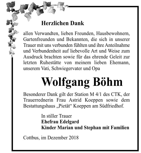 Danksagung Wolfgang Böhm